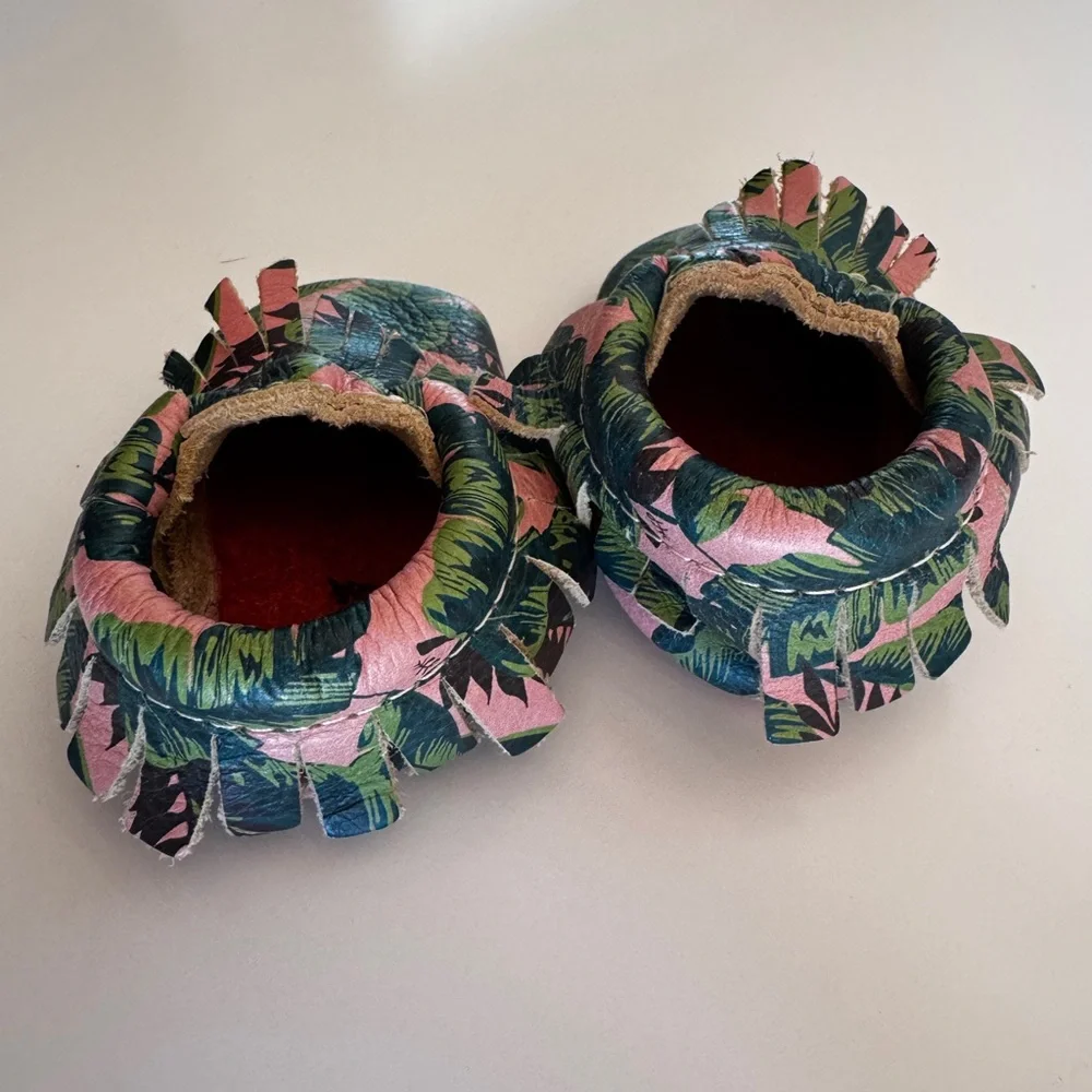 Freshly Picked Tropical Print Pink Baby Moccasin Shoes Size 1